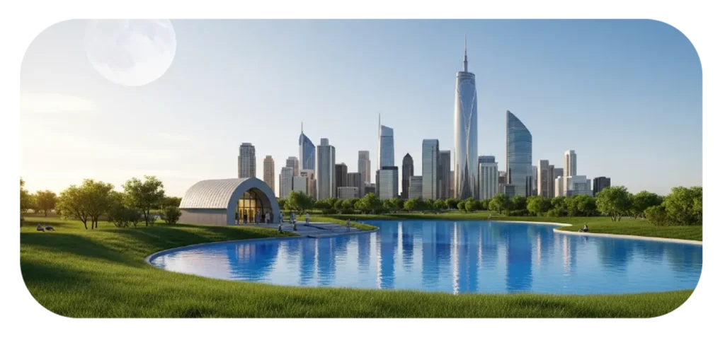 Lake and cityscape